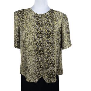 Kathy Che Women Top Sz 14 Black Green Button Down Round Neck Short Sleeve